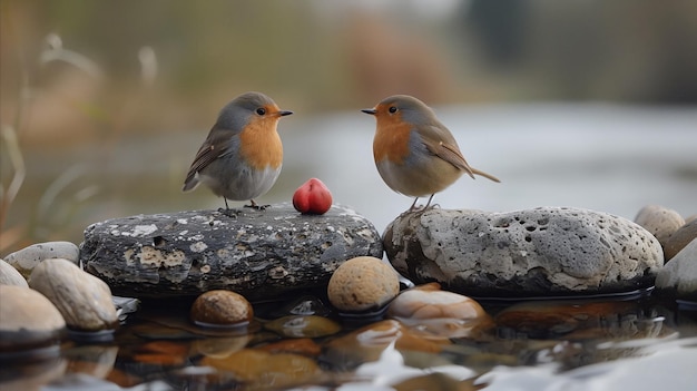 Dois robins empoleirados em uma rocha à beira de um rio com uma baga