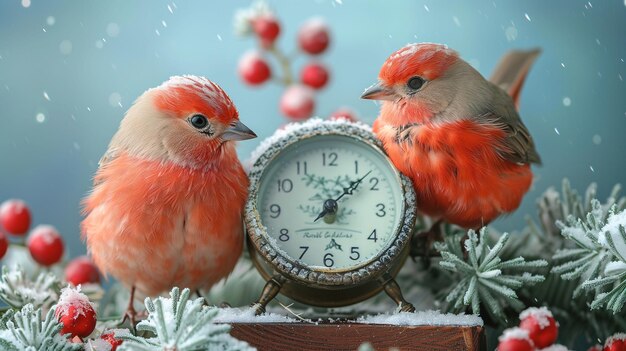 Dois robins vermelhos empoleirados ao lado de um relógio vintage em galhos de pinheiros gelados com bagas vermelhas