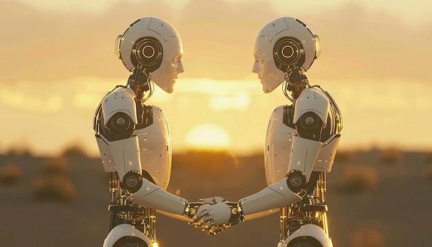 Foto dois robôs estão de mãos dadas e olhando um para o outro por uma imagem gerada por ia