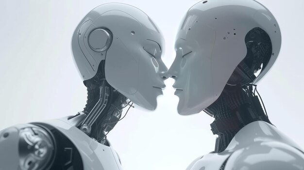 Dois robôs se beijando cyborg feminino e masculino em relacionamentos românticos casal de ia humanoide conceito futurista de amor entre inteligência artificial