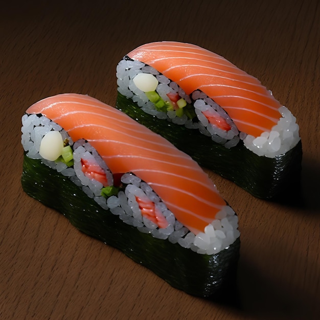 Dois rolos de sushi com a palavra sushi neles