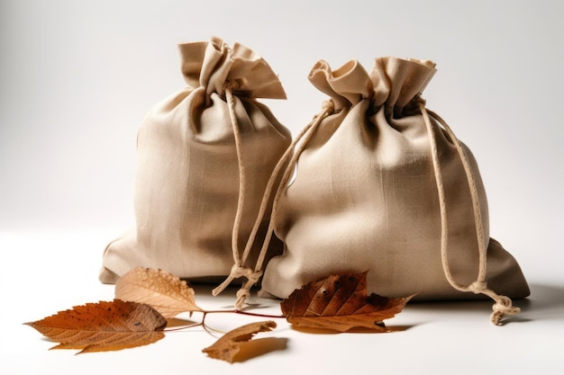 Dois sacos de folhas secas em um fundo branco