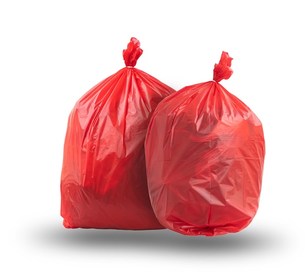 Dois sacos de lixo infecciosos vermelhos Resíduos infecciosos isolados no fundo branco