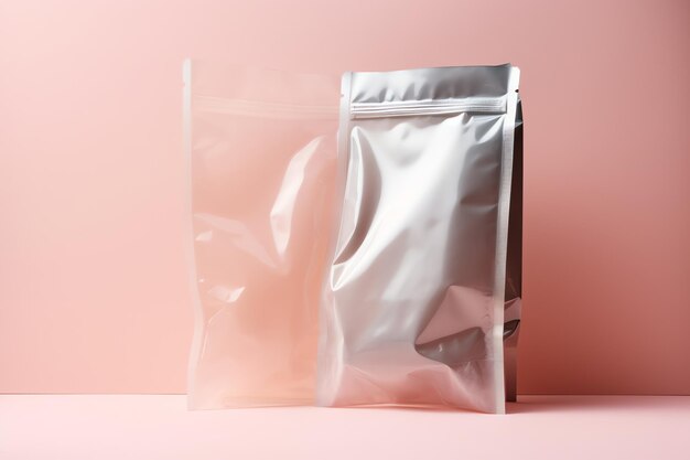 Dois sacos plásticos transparentes em um fundo rosa