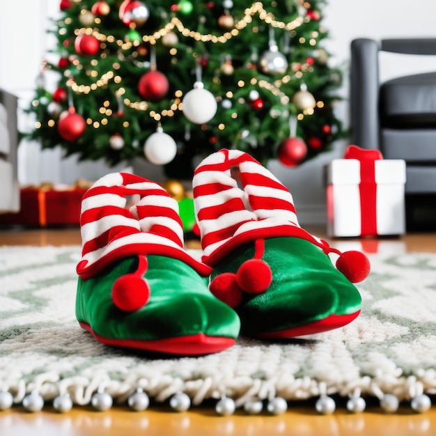 Foto dois sapatos verdes novidade do elfo de natal com sinos no tapete da sala de estar