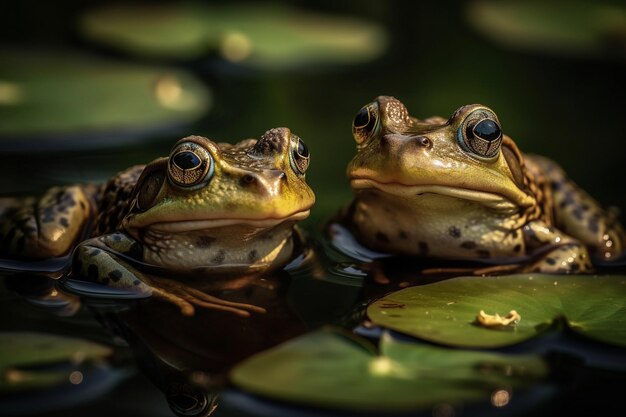 Foto dois sapos numa lagoa com lírios no fundo