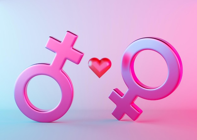 Dois símbolos sexuais femininos com coração e luz neon Símbolo de Vênus para mulheres Sinal de gênero Amor comunidade LGBT Relacionamento de casal de lésbicas Diversidade homossexualidade casamento igual renderização em 3D