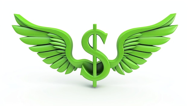Foto dois sinais de dólar verdes dinâmicos com asas voam contra um fundo branco prístino neste hipnotizante ícone renderizado em 3d perfeito para transmitir crescimento financeiro, sucesso e abundância