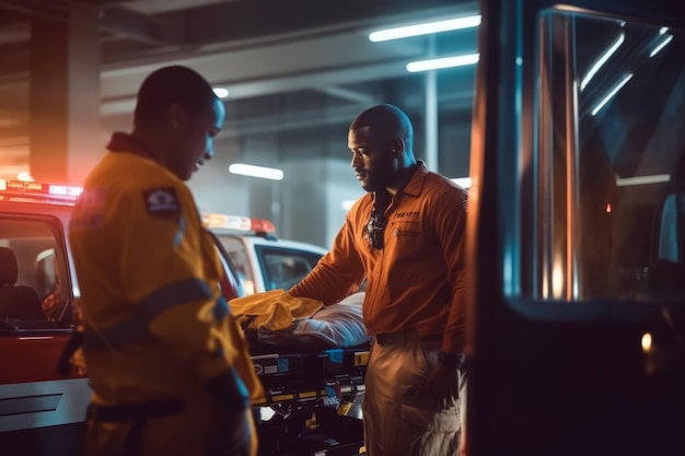 Dois socorristas bonitos do EMS carregando uma ambulância com uma maca