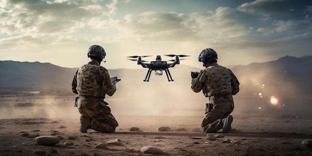 Dois soldados de costas para a câmera lançam um drone de combate militar em tamanho real pronto para uma missão crítica AI Generative AI