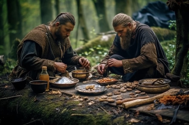Dois suecos a preparar uma refeição na floresta.