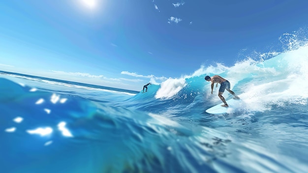 Dois surfistas cavalgam as ondas em pranchas de surf o sol brilha brilhantemente acima da cabeça a água é cristalina os surfistas estão se divertindo muito