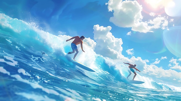 Dois surfistas cavalgam as ondas sob um céu azul brilhante o sol brilha através das nuvens lançando um brilho dourado sobre o oceano
