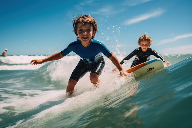 Dois surfistas de escola indo para surfar na água