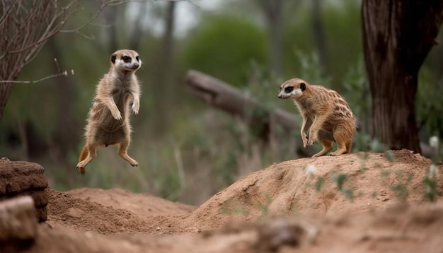 Dois suricatos em alerta observando a beleza da natureza gerada pela IA