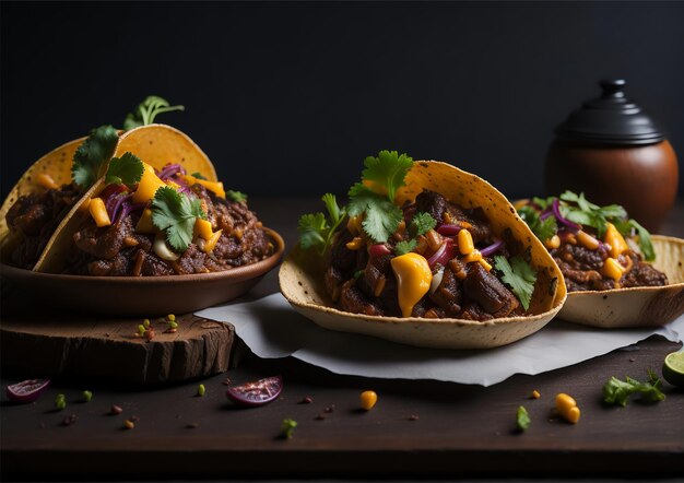 Dois tacos com fundo preto e uma tigela de tortillas de milho ao lado