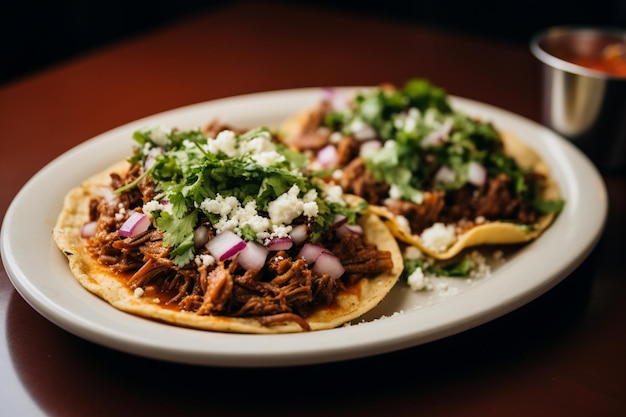 Dois tacos de carne asada com cilatro e cebola em tortilhas de milho