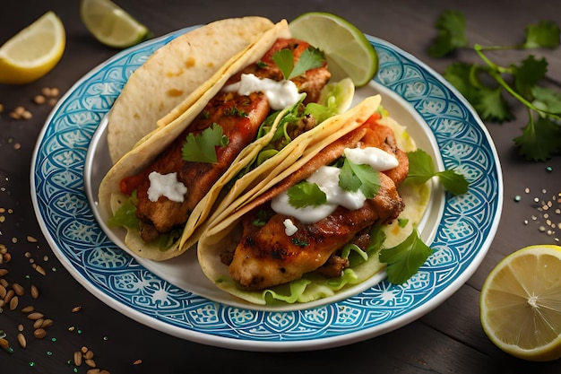 Dois tacos de peixe em um prato com fatias de limão e coentro