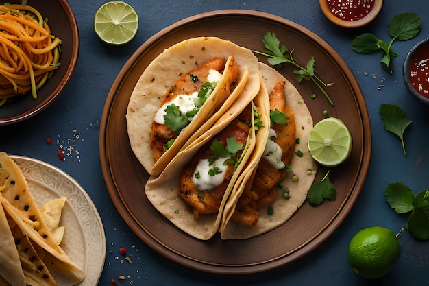 Dois tacos em um prato com limão e coentro por cima.