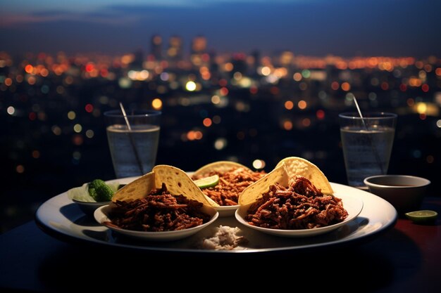 Dois tacos em um prato com um horizonte da cidade ao fundo