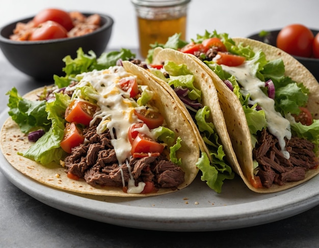 Foto dois tacos num prato com um copo de cerveja ao lado