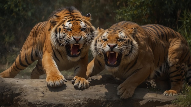Dois tigres estão a lutar um com o outro e o outro tem a boca aberta.