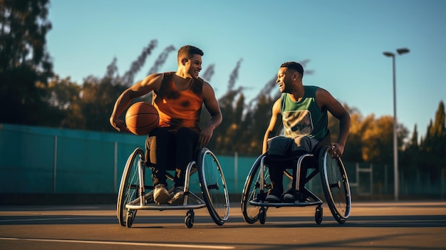 Foto dois tipos em cadeiras de rodas a jogar basquetebol.