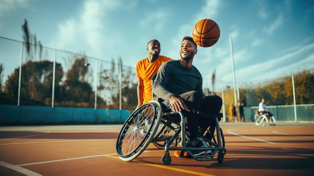 Foto dois tipos em cadeiras de rodas a jogar basquetebol.