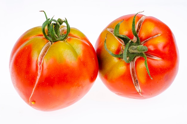 Dois tomates vermelhos maduros com pele rachada. Foto do estúdio.