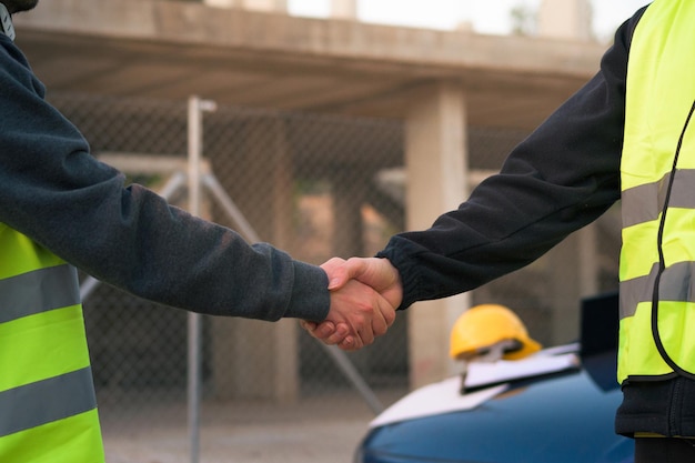 Dois trabalhadores chegam a um acordo Mãos entrelaçadas em um canteiro de obras