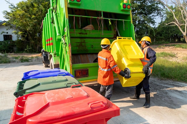 Dois trabalhadores coletando lixo do município urbano estão coletando para remoção de lixo Coletor de lixo