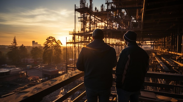 dois trabalhadores da construção civil à noite