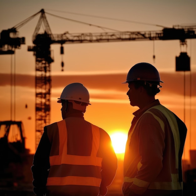 Dois trabalhadores da construção conversando na frente de um canteiro de obras