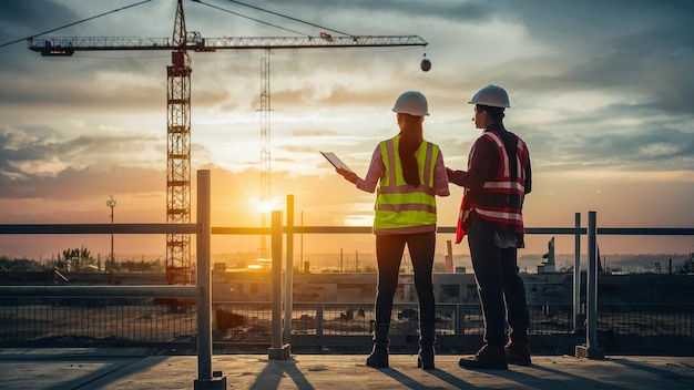 dois trabalhadores da construção em pé em um telhado e um deles está segurando um papel