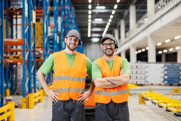 Dois trabalhadores de armazenamento felizes orgulhosamente de pé e sorrindo para a câmera