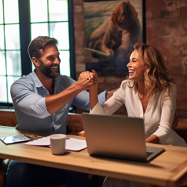 Dois trabalhadores de meia idade sorrindo felizes e confiantes Trabalhando juntos com sorriso no rosto