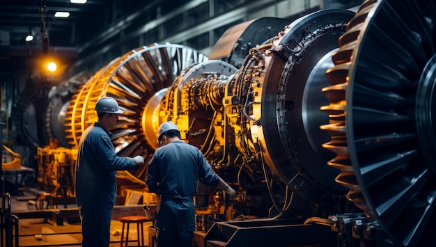 Dois trabalhadores do sexo masculino em uniforme azul e capacetes estão na fábrica Engenheiros construindo uma enorme turbina de avião Generative AI