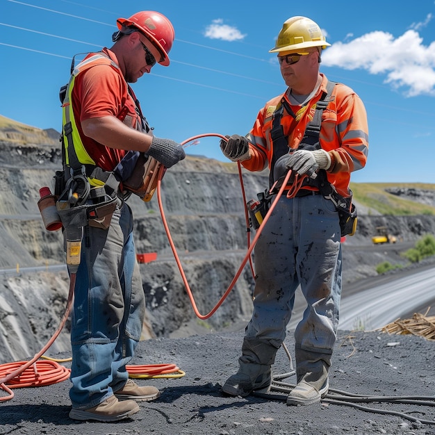 Dois trabalhadores em equipamento de segurança e capacetes segurando um cabo elétrico na mineração