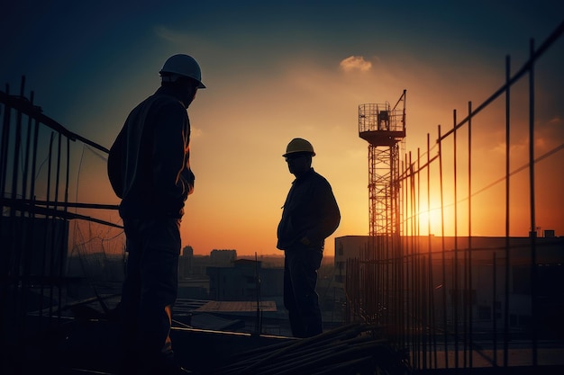 Dois trabalhadores em um canteiro de obras ao pôr do sol