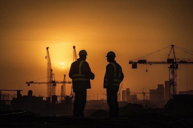 Dois trabalhadores em um canteiro de obras ao pôr do sol