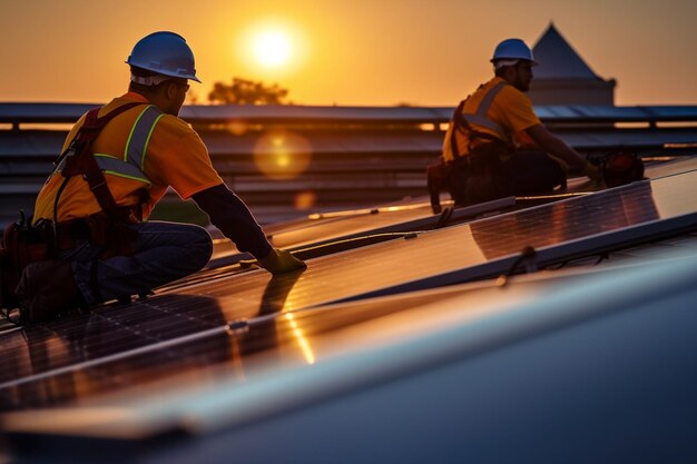 Dois trabalhadores estão trabalhando em painéis solares enquanto o sol nasce com Generative AI