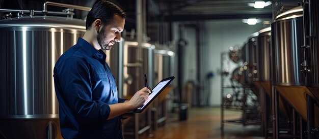 Foto dois trabalhadores inspecionando a produção em uma cervejaria artesanal usando tablet