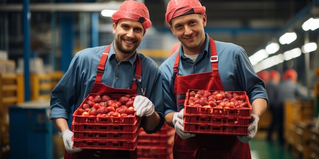 Dois trabalhadores segurando caixas de morangos no conceito de agronegócio do armazém