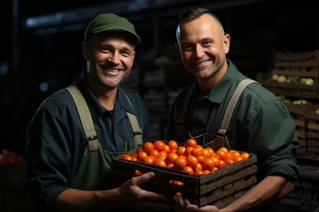 Dois trabalhadores segurando uma caixa de tomates no conceito de agronegócio do armazém
