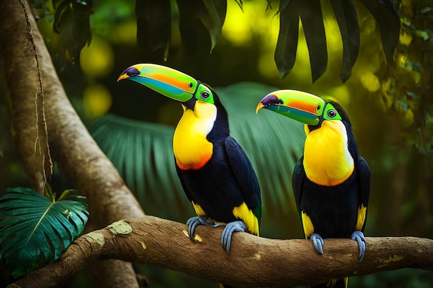 Dois tucanos sentados em um galho na selva