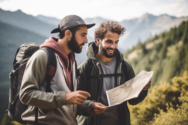 dois turistas do sexo masculino traçam uma rota em um mapa