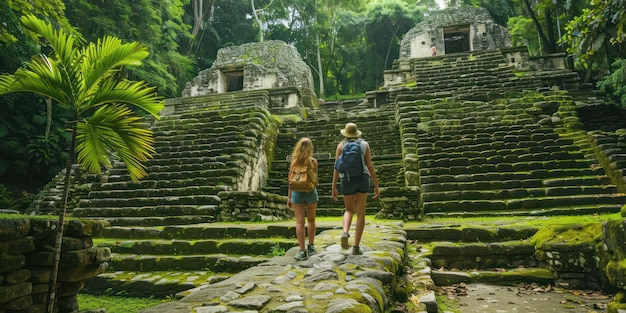 Dois turistas explorando ruínas antigas em um cenário de selva