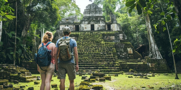 Dois turistas explorando ruínas antigas em um cenário de selva