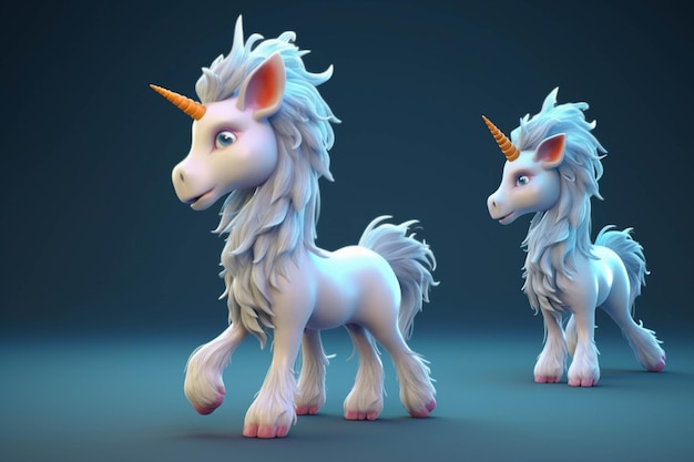 Dois unicórnios isolados em fundo preto Ilustração de renderização 3D