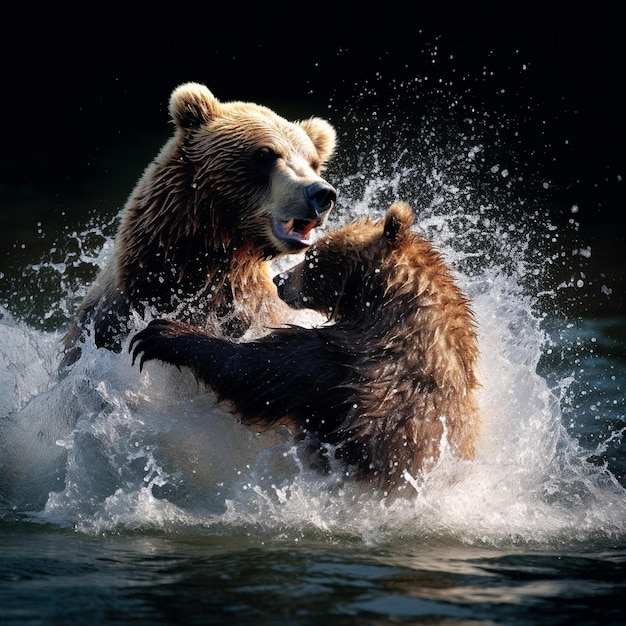 Dois ursos a brincar na água com um a ser segurado um pelo outro.